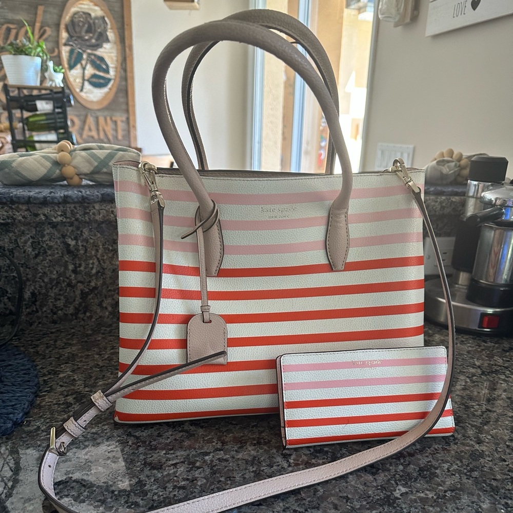 Kate Spade shoulder bag with matching wallet.  Pink and coral stripe.